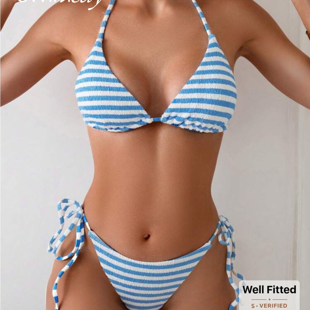 SHEIN Blue and White Striped Bikini Set